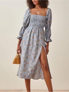 Reformation Hyland Midi Dress Blue Floral Grazia Print 100% Linen XS Side Slit